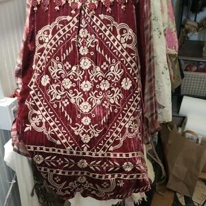 Johnny Was Plaid/Embroidered Velvet Extra Long Workshirt Upcycled With Red Roses